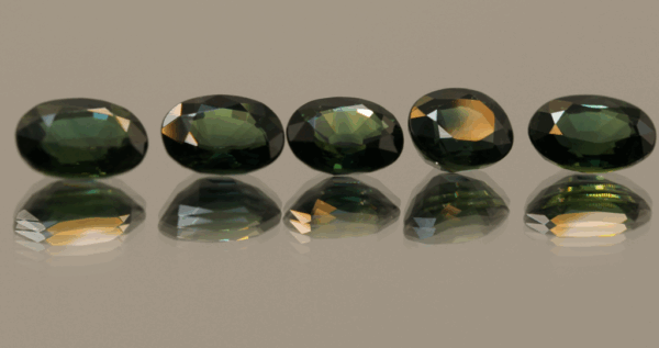 Set of 5 green-blue oval sapphires, 5.06 carat total, 6.85 × 5.12 × 3.18 mm each, heat-treated, Madagascar origin, GFCO certified. Green Sapphire