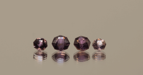 Natural sapphire set, total 1.58 carat, fancy cut, purple color, unheated, loose gemstones, dimensions 4.54 × 4.42 × 3.3 mm max, origin Madagascar, AIG certified.
