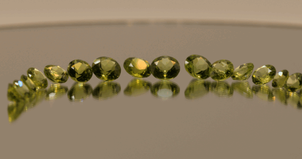Set of 16 natural peridot gemstones, round cut, yellowish green color, untreated, total weight 13.73 carat, dimensions 6.8 × 5.1 × 3–3.9 mm, ideal for fine jewelry.