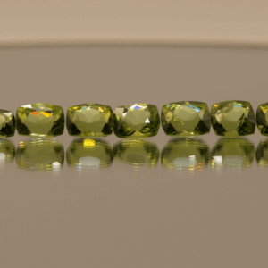Natural peridot set totaling 10.5 carat, square cushion cut, yellow green color, untreated, loose gemstones, dimensions 5.8–7.2 × 4.9–6.3 × 3.6–4.6 mm, ideal for fine jewelry.