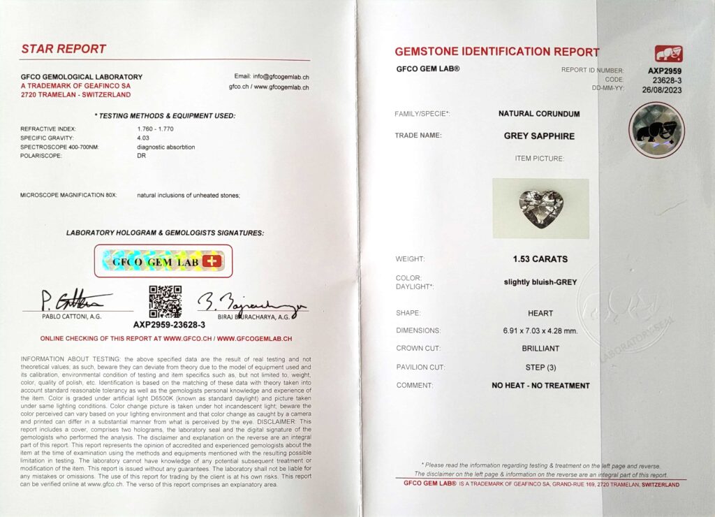 GFCO gemstone report for a natural grey sapphire in heart shape, no heat treatment, issued by a Swiss gem lab