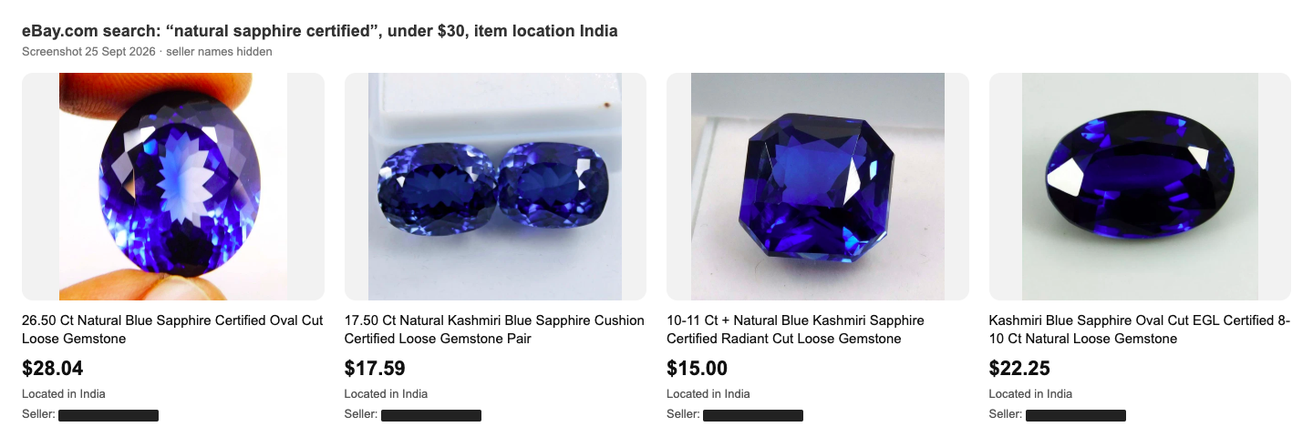 eBay listings located in India offering 10 to 26 carat certified natural blue and Kashmiri sapphires for $15 to $28, seller names hidden